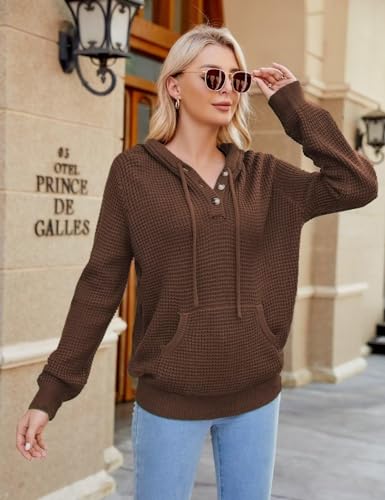 Image of CiCiBird Women Fall Hoodies Sweater Knit V Neck Tops Oversized Fashion Pullover Casual Long Sleeve Shirts with Pockets Brown S