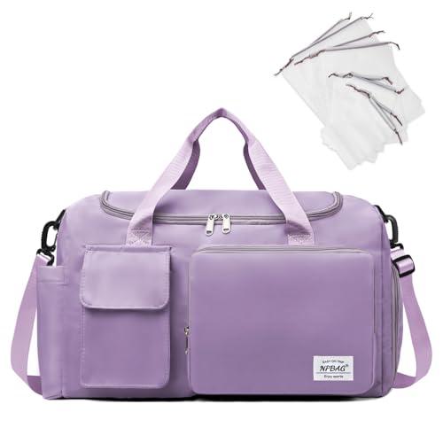 NPBAG Duffel Bag for Women, Sports Gym Bag with Wet Pocket & Shoes Compartment, Lightweight Weekender for Overnight, Travel Carry on Tote, Water Resistant (Light Purple)