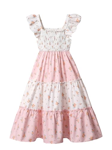Girl's Ditsy Floral Tiered Ruffle Summer Dress Short Cap Sleeve Smocked A Line Flowy Dresses