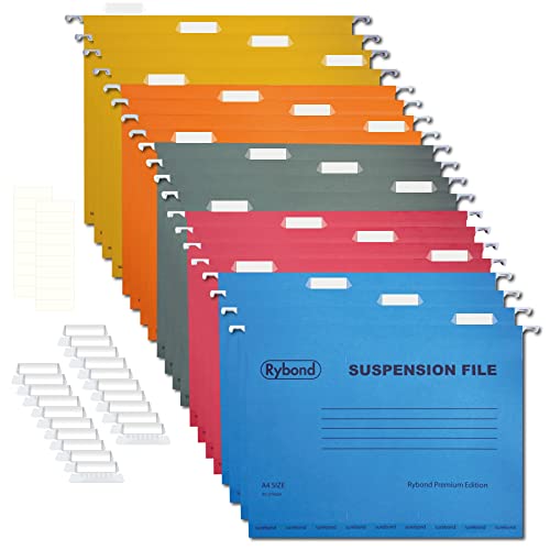Rybond A4 Suspension File (20 Pack) Assorted Colours - Heavyweight with Tabs and Inserts - for A4 Filing cabinets - Reinforced Top and Bottom