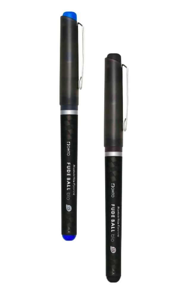 Image of OHTO FUDE BALL bio 1.5mm Gel Ink Roller Pen - Smooth Bold Writing Pen for Art, Calligraphy, and Everyday Use - Biodegradable Barrel - Assorted Ink Colors Black & Blue Made In japan