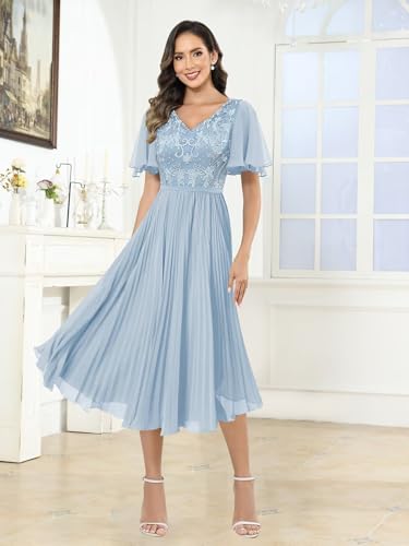 Women’s Lace Applique Mother of The Bride Dresses with Half Sleeve Tea Length Formal Dress3
