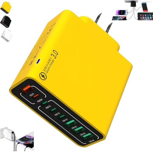 8 in 1 Waterproof Ports USB Fast Charger, Travel Phone Charger Plug Outlet,Multiple Fast Charging Station, 8 Ports USB Mobile Cell Phone High Speed Quick Wall Adapter for Multiple Devices(Yellow,Us)