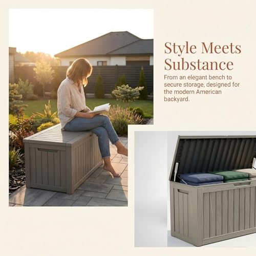 Image of Large 231 Gallon Resin Deck Box, Heavy Duty Lockable Patio Storage Box Outdoor, Waterproof Tool Box for Garden Furniture Cushions & Pool Supplies, Wood Grain Outdoor Storage Bench for Backyard