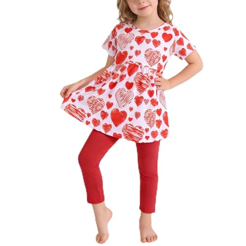Image of Valentines Toddler Girls Pants Set Love and Heart Pink Outfits Set Ruffle T-Shirt Dress and Pants Outfit Set 3-8Y