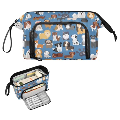 Image of Dogs Cute Blue Print Pencil Case Pouch Big Capacity Pencil Bag Box Organizer Pen Case with Compartmens Stationery Organizer for Girls Boys Women School College Office
