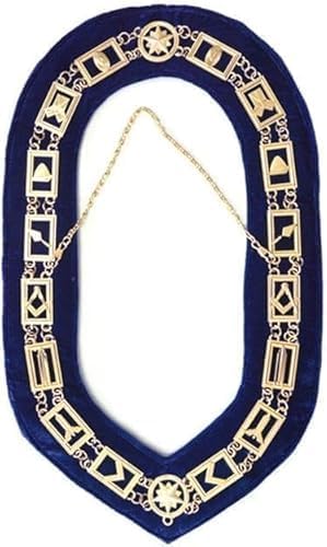 MASONIC BLUE LODGE OFFICER CHAIN COLLAR WITH TYLER MASTER JEWEL GOLD CHAIN AND BLUE BACKING