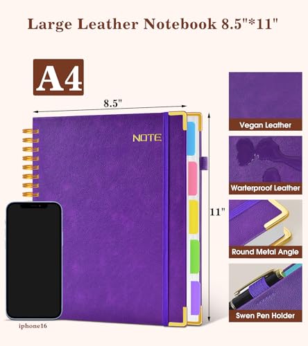 Cahier à spirale anti-brouillon 300 pages en cuir avec onglets pour centraliser