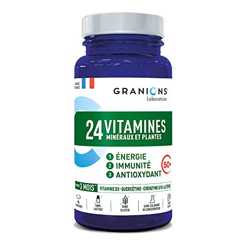 GRANIONS 24 VITAMINES, MINERAUX, PLANTES SENIOR - 150 µg d'IODE 100% des AR - Vit A B C D3 E + oligo elements Zinc Magnesium + CoQ10 - 3 actions : IMMUNITE ENERGIE ANTIOXYDANT - 90 comprimés Cover