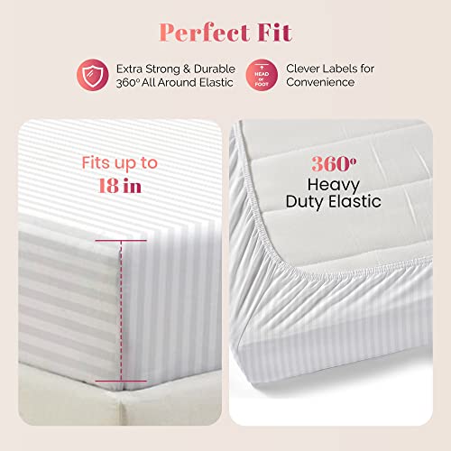 Ashton Sheets Deep Pocket Damask Stripe Fitted Sheet - 1000 Tc Egyptian Cotton Quality Full Fitted Sheet Only - Luxury Sateen Weave Pockets Full Size Sheets - Fits Upto 18" Deep Mattress (White) #TOP2