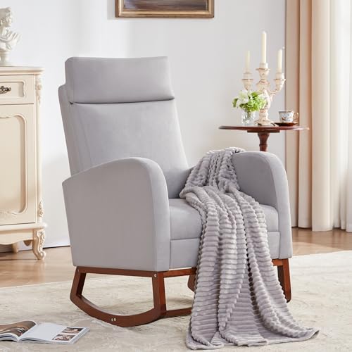 Image of AYEASY Foot Rest, High Back, Rocking, Baby Nursery Glider Rocker, Nursing Chair Accent Living Room Grey, Linen with Blanket