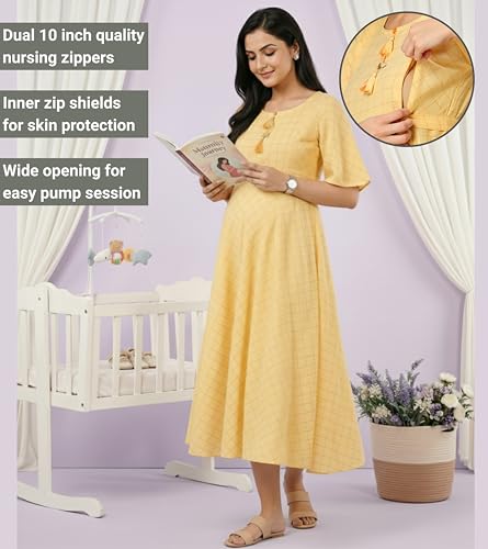 Image of DUMMY SHAPE Feeding Nighty | Maternity Dresses for Women Cotton Blend | Floral Pink Anarkali Kurta with Dual Nursing Zippers for Pregnancy & Breastfeeding | Gifts for Pregnant Women (