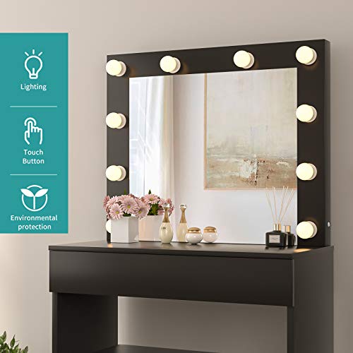 mecor LED Dressing Table Makeup Vanity Table w/10 LED Lights Mirror,Vanity Set with Stool&Drawer,Wood Dressing Table Bedroom Furniture Girls Women Gifts Black - Thumbnail 2