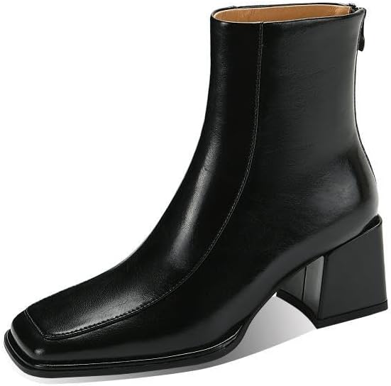 TinaCus Women's Handmade Genuine Leather Chic Square Toe Back Zipper Mid Block Heel Ankle Boots