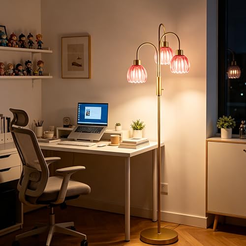 Image of 3-Light Glass Floor Lamp, 70 inch Gold Dimmable Standing Tall Lamp with Deep Red Glass Shades &3PCS 3000K Warm White Bulbs for Wedding /Party, Modern Tree Pole Lamp for Living Room Bedroom Home Decor