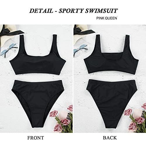 Pink Queen Women's Crop Top Scoop Neck High Waist Two Piece Swimsuit L Black #TOP4