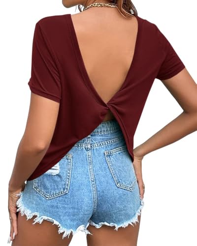 Cicy Bell T-shirt à manches courtes pour femme - Col en V - Crop Top Sexy Twist - Dos nu - T-shirt d'été basique - Couleur unie - Y2K - Haut ample et...