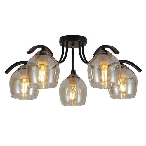 TEKLED® Ceiling 5 Arm Pendant Light | Amber Glass Black Semi-Flush Luminaire | 5xE27 Edison Screw Bulb Base | Home Industrial Modern Design Chandelier | For Bar Kitchen Dining Room Bedroom Coffee Shop