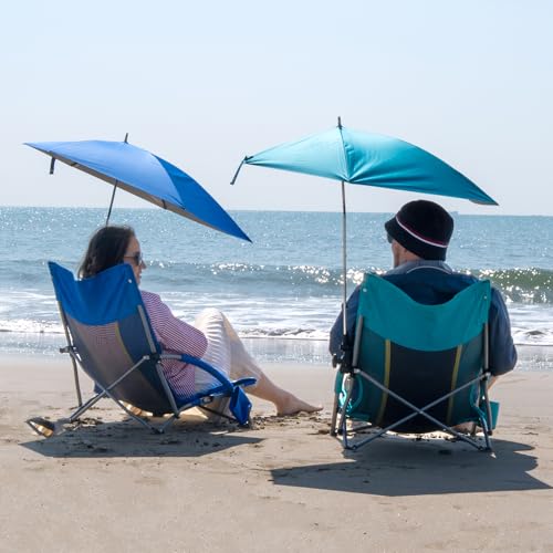 Image of Romswi Beach Chair with Umbrella 2PK, Folding Low Beach Chairs for Adults with Adjustable Parasol, Cup Holder, Breathable Backrest, Comfortable Armrests, Lightweight for Beach & Camping, Blue