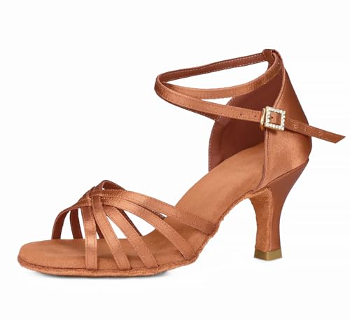 TRIWORIAE-Zapatos de Baile Latino de Tacón Alto/Medio para Mujer Marrón Tacón 7cm 34