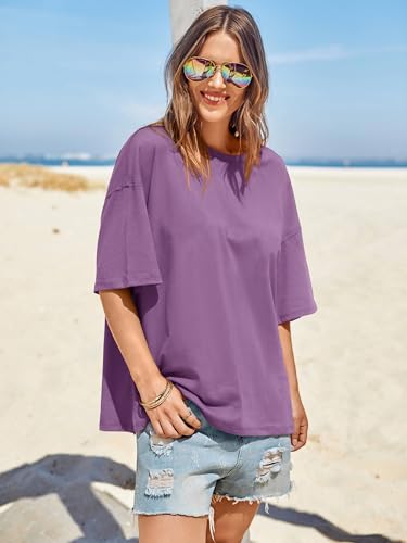 Image of Tankaneo Womens Oversized Tshirts Summer Casual Short Sleeve Crew Neck T Shirt Loose Fit Side Slit Tee Tops Light Purple
