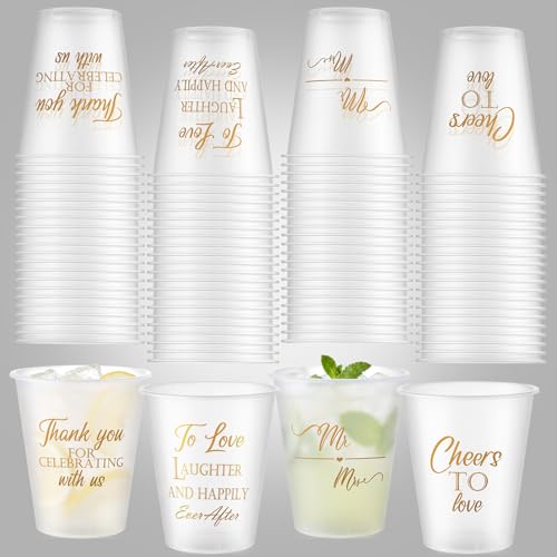 Yungyan 100 Pcs Wedding Frosted Plastic Cups Bulk 12 oz Clear Wedding Cups for Reception Disposable Cheer to Love Bridal Shower Bachelorette Party Supplies