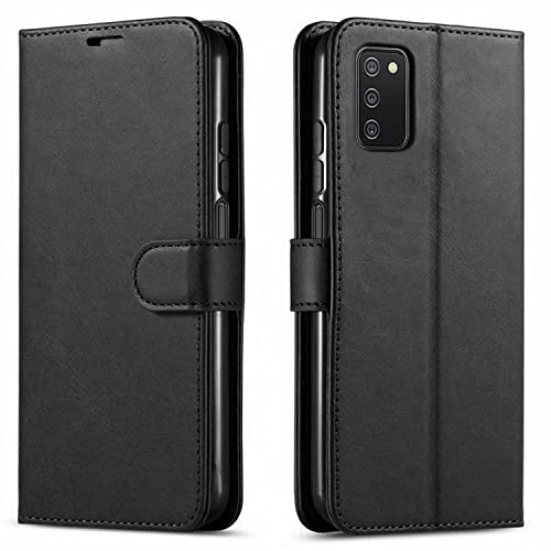 STARSHOP Compatible with Samsung Galaxy A03s Phone Case, with [Tempered Glass Screen Protector Included] PU Leather Wallet Shockproof Cover Kickstand Pocket Card Slots Magnet Closure - Dark