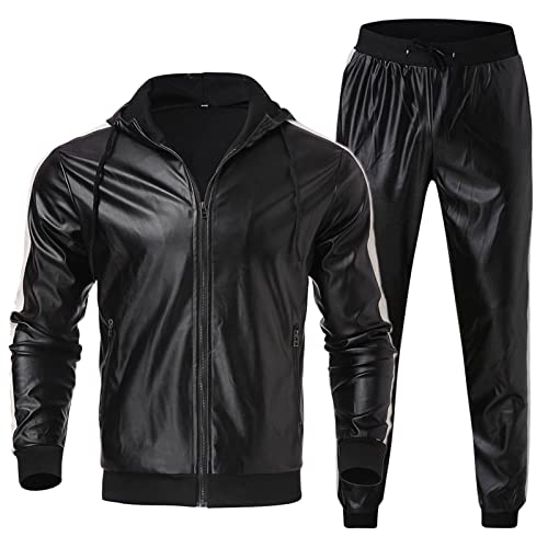 YHEGHT Terno masculino patchwork casaco de couro com capuz calças de couro duas peças PU terno espor