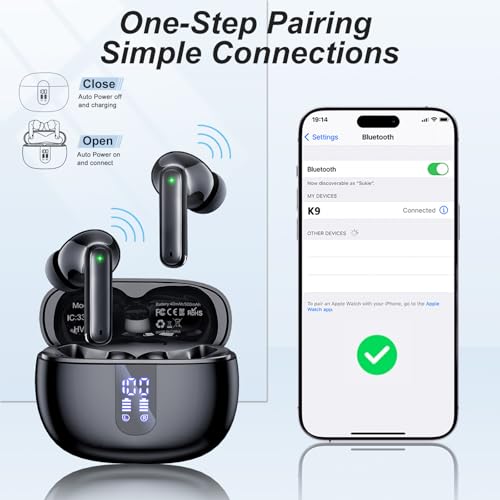 Wireless Earbuds, Bluetooth 5.3 Headphones with HiFi Stereo Sound, 40H Playtime with LED Power Display Charging Case, IPX7 Waterproof in-Ear Earphone with Mic for Phone Computer Laptop,Black - Image 7