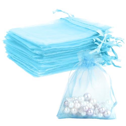 Image of Sheer Organza Bags - 50 Pcs, Small with Drawstring, Jewelry Gift Bags for Parties & Weddings, Mini Candy Bags, Lake Blue