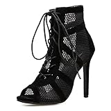 HARZONLI Tacones Altos Zapatos de Baile, Botas de salón Negras, Zapatos de Salsa Tango, Sandalias de tacón Alto Recortadas de Malla para Fiesta de niña, Verano(39 EU)