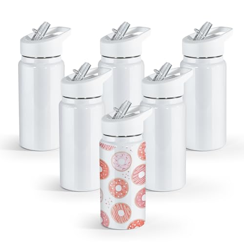 AGH 15 OZ White Kids Sublimation Tumbler 6 Pack Stainless Steel Bottles Vacuum Flask Tumblers with Sippy Up Lid and Straw Sport Kids Skinny Straight Water Cups