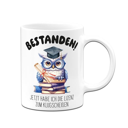 Tassenbrennerei Tasse - Bestanden! Jetzt habe ich die Lizenz zum Klugschei&szlig;en - Geschenk zur bestandenen Pr&uuml;fung zum Bachelor, Abi, Abitur oder Studium - Kaffeetasse lustig (Wei&szlig;)