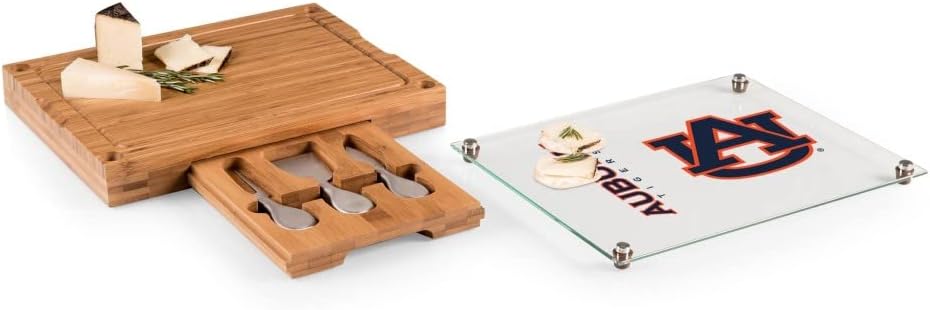 PICNIC TIME NCAA Concerto Glass Top Cheese Board and Knife Set, Charcuterie Board Set, Glass Top Cutting Board, (Bamboo)
