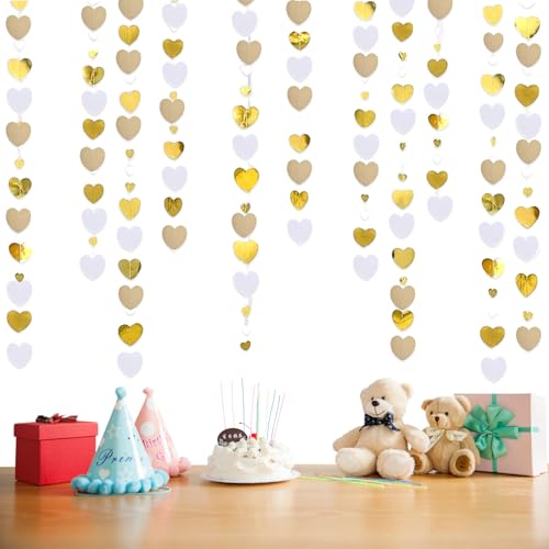 Guirnalda de Corazones de Papel Blanco y Dorado de 16m para Colgar, para Aniversario, Despedida de Soltera, Compromiso, Boda, cumpleaños, día de la Madre, Fiesta, Accesorios de decoración