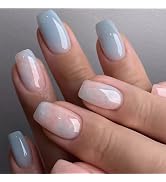 Press on Nails Short Fake Nails with Marble Designs Coffin Acrylic Nails Press ons Summer Glossy ...
