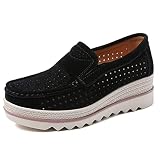 Deehuion Women's Slip On Platform Shoes Comfort Suede Moccasins Low Top Wedge Loafers (3088-1,Black