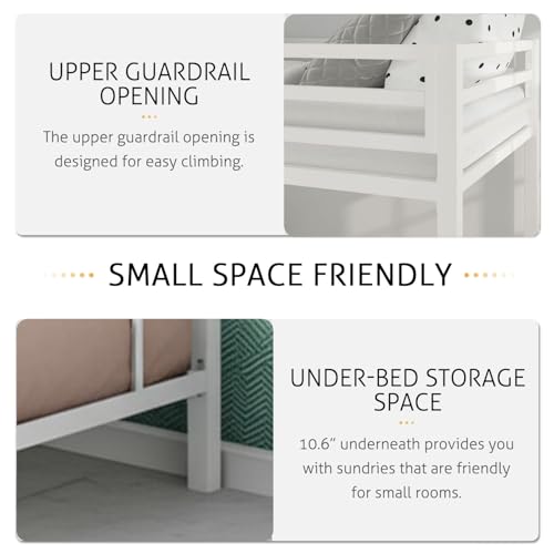 Image of Metal Bunk Bed for Adults and Kids, Sturdy Steel Frame with Guard Rails (3 X 6 Ft) | White Finish | Space Saving Design | DIY Assembly for Home and Bedroom