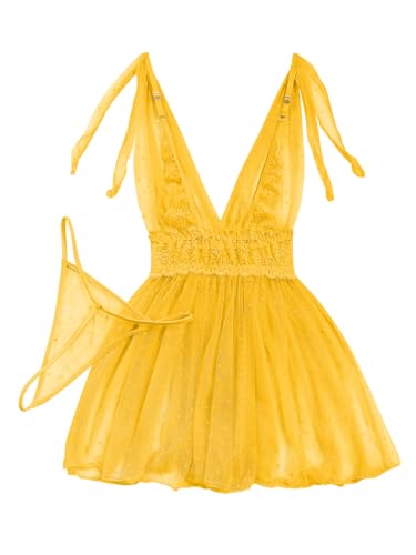 Image of Lilosy Sexy Polka Dots Mesh Sheer Lace Babydoll Chemise Lingerie Set Floral Sleep Wear