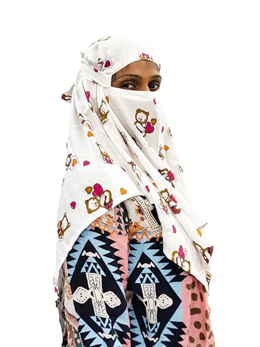 Image of Cotton Long Scarf Cum Mask Scarves Usable for Vehicle Driver | White Printed Design Fabric | Universal Size | Soft & Breathable Sun Protection | For Girl & Women