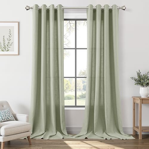 Image of Sage Green Linen Curtains 120 Inch Length for Living Room 2 Panels Set Soft Thick Textured Grommet Design Semi Sheer Light Filtering Window Curtain Drapes Burlap Look Rustic Farmhouse Decor 52x120