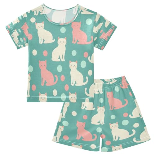 senya Color Cat on Green Dot Summer Pajamas Set Short Cotton Sleepwear 2 Piece
