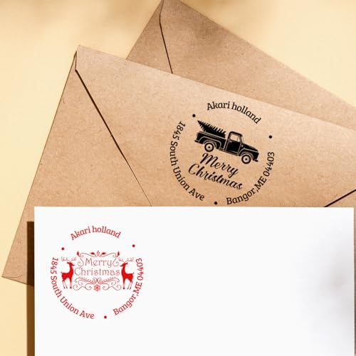 Teryiaco Custom Holiday Christmas Custom Stamps, Personalized Address Stamps, Automatic Inking Return Address Stamps, Professional Business Circle Large Personalized Holiday Address Stamps