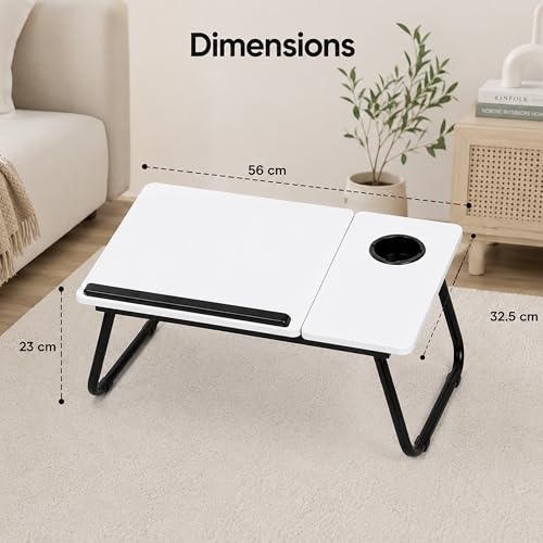 Image of Ant Esports Bravo LT200 Adjustable Foldable Laptop Table for Bed with Side Tray, Cup Holder & Stopper, Portable Work from Home Desk, Wooden Study Desk for Reading & Gaming, 56 x 32.5 x 23 cm, White
