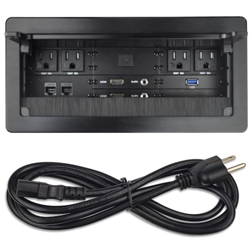Tabletop Multimedia Connectivity Box with 4 AC Power+2 HDMI+2 RJ45+1 USB3.0 Port +1 USB-C +2 Audio with 5.58ft Power Cord for Conference Room Office Desk(Black)