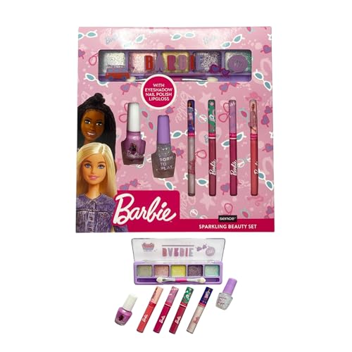 Sence Kit de Belleza Barbie para Ninñas con 7 piezas, Set de Maquillaje Infantil con Brillo de Labios, Sombras de Ojos, Esmalte de Uñas y Más, Regalo para Niñas Mayores de 6 Años