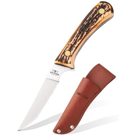 Bear & Son 6.5" Bird & Trout Skinning Knife with Leather Sheath – 3" 440 High Carbon Stainless Steel Fixed Blade, Stag Delrin Handle – Compact Hunting, Fishing, Bushcraft, Camp & EDC Knife Tool Cover