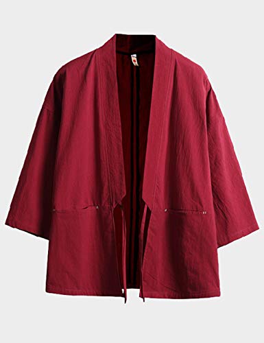 Uaneo Mens Cotton Linen Open Front Lightweight Casual Kimono Cardigan Jacket (Wine Red, L) #TOP6
