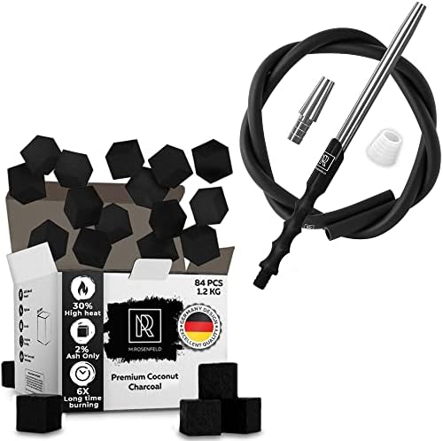 Hookah Charcoal Hookah Coals for Hookah Coconut – XL Pack 84 Count & Premium Hookah Hose with Mouthpiece - 60" Long
