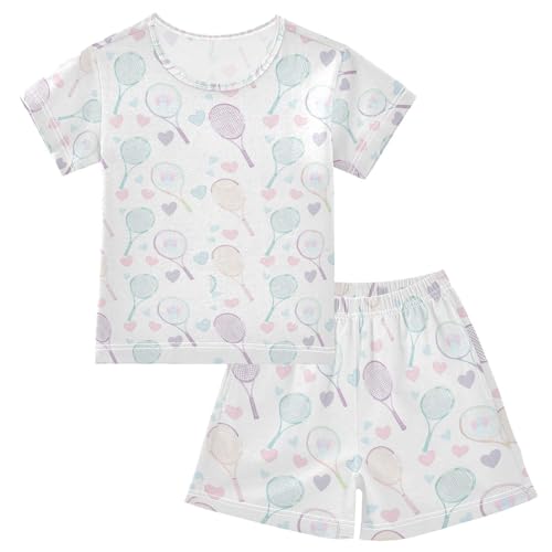 ALAZA Tennis Racket Heart Pajamas Set Short Sleeve Cotton Sleepwear Summer Pjs 2 Piece 5-14Y